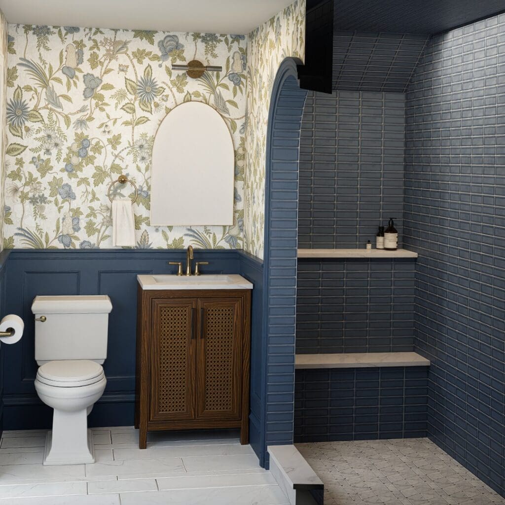 image of bathroom rendering with a cabinet using cane webbing