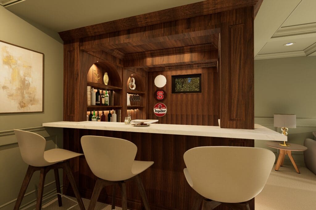 basement bar in a room using the color drenching technique